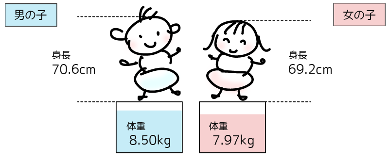 生後7ヶ月の赤ちゃんの平均的な身長や体重/男の子 身長 70.6cm 体重 8.50kg 女の子 身長 69.2cm 体重 7.97kg